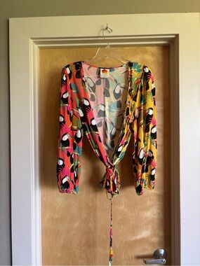 Farm Rio for Anthropologie Colorblocked Wrap Blouse - Toucan Print